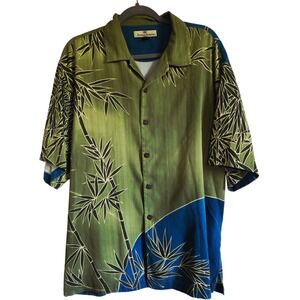 Tommy Bahama L Silk Button‎ Up Shirt Bamboo Green Blue Mens Large Tropical